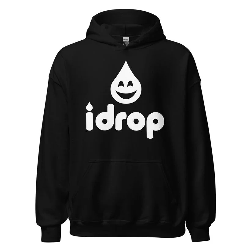 Black hoodie with the white idrop droplet logo on the chest